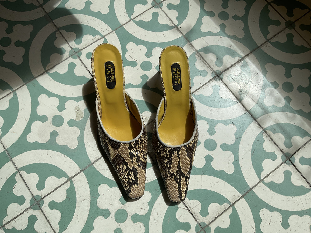 Jean Paul Barriol for accessoire Paris | yellow snake print mules shoes
