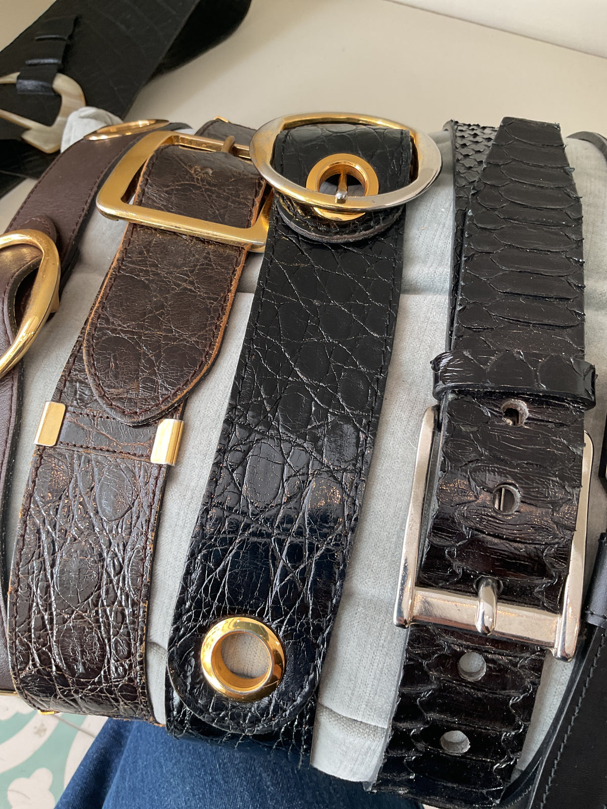 Unknown | Black leather belt with gold rings