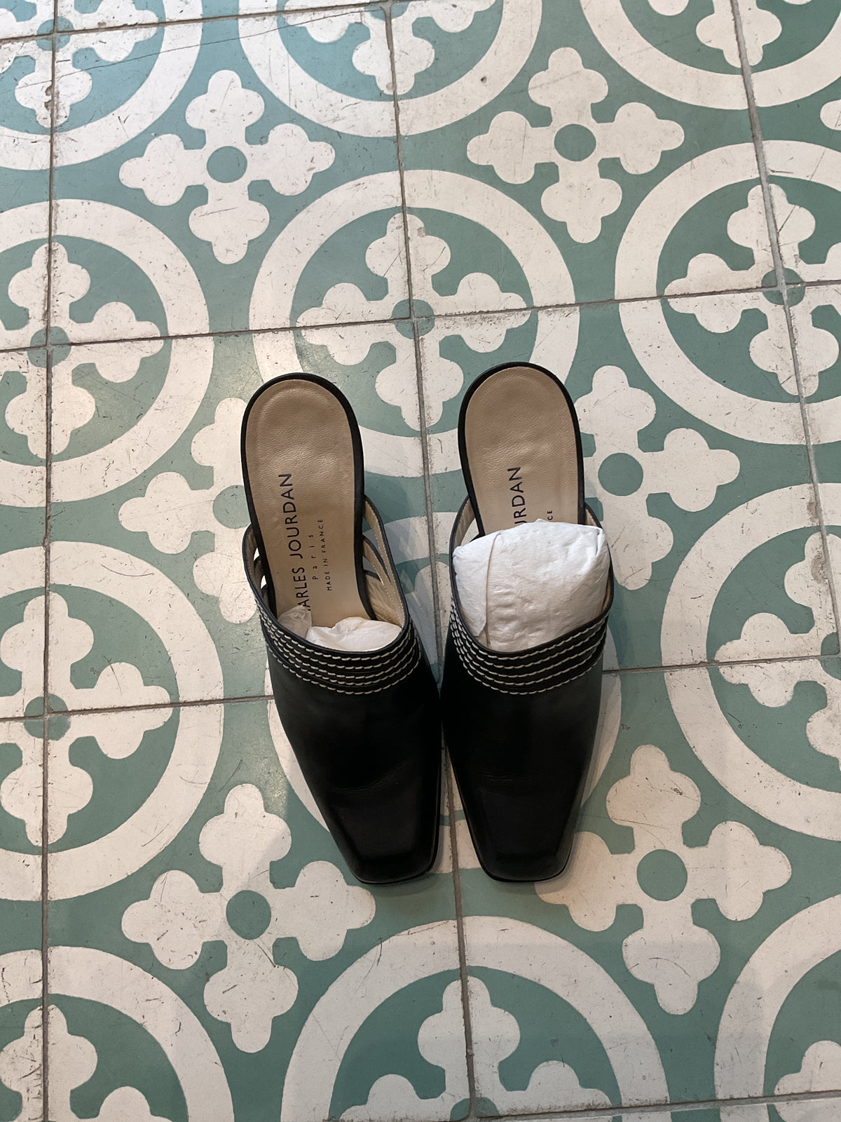 Charles Jourdan | Black Heels with White Stitching